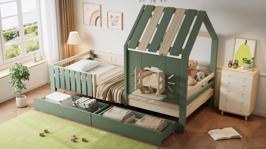 letto a casa in legno massello e mdf verde naturale 90x200 cm