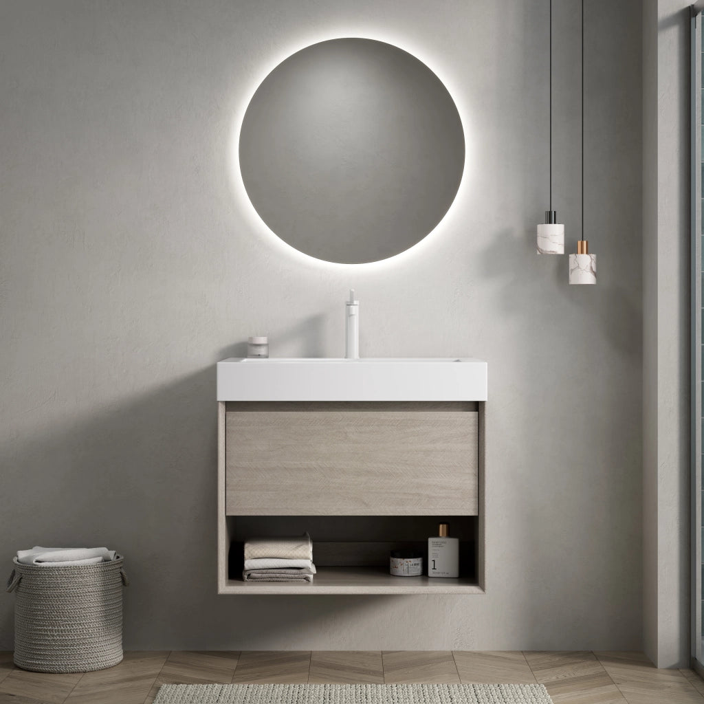 Mobile sottolavabo con lavabo integrato in resina, 1 cassetto e vano aperto, effetto rovere chiaro, 70 × 46 × 60 cm