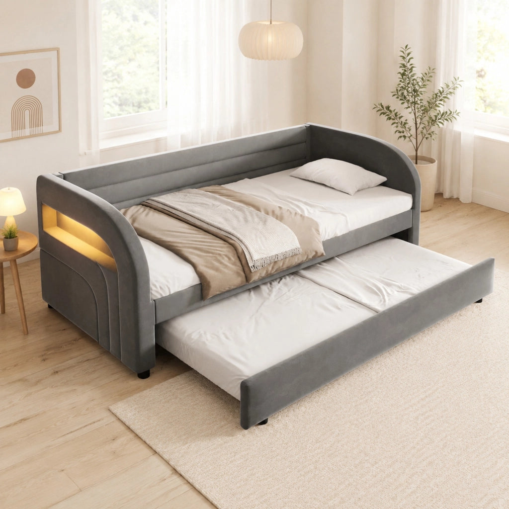 Letto piattaforma imbottito 90x200 cm con letto estraibile e illuminazione LED; grigio