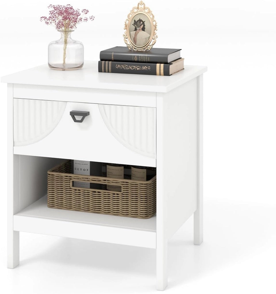 Comodino per camera da letto, tavolino con cassetto e ripiano aperto, cassettiera in legno in stile moderno, mobile di stoccaggio per soggiorno, ufficio, 45 x 40 x 50 cm, bianco