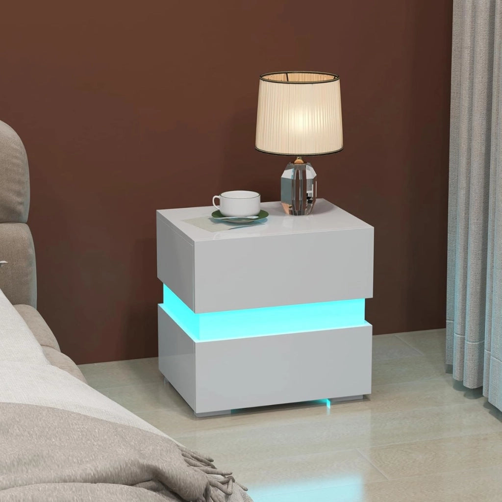 Tavolino comodino a LED con cassetti e telecomando, Comodino con 22 modalit¨¤ di luce, 10 velocit¨¤ e 5 luminosit¨¤ Bianco