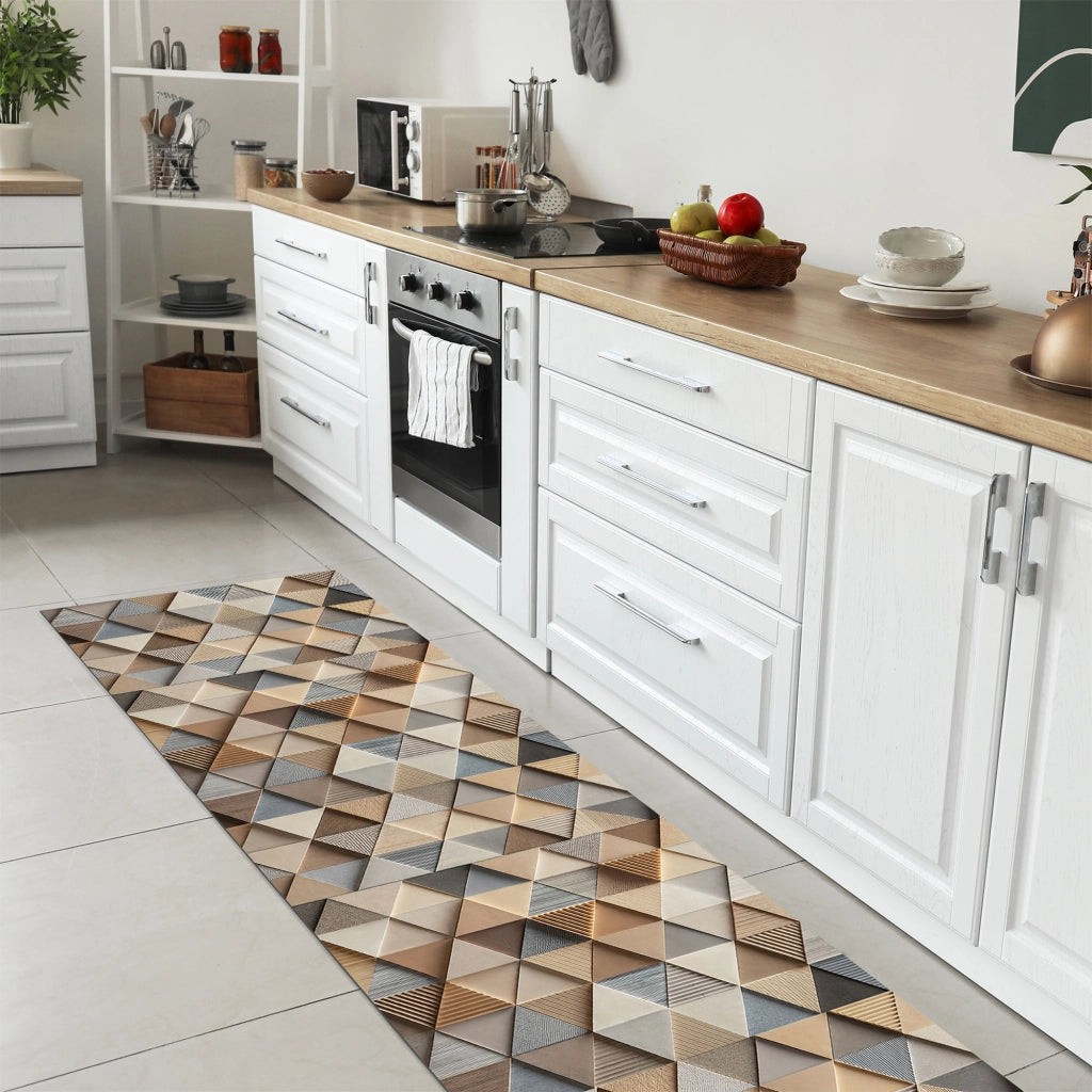 Tappeto passatoia fantasia made in Italy antiscivolo lavabile aderente triangoli multicolore 50x150cm - Triangle Beige