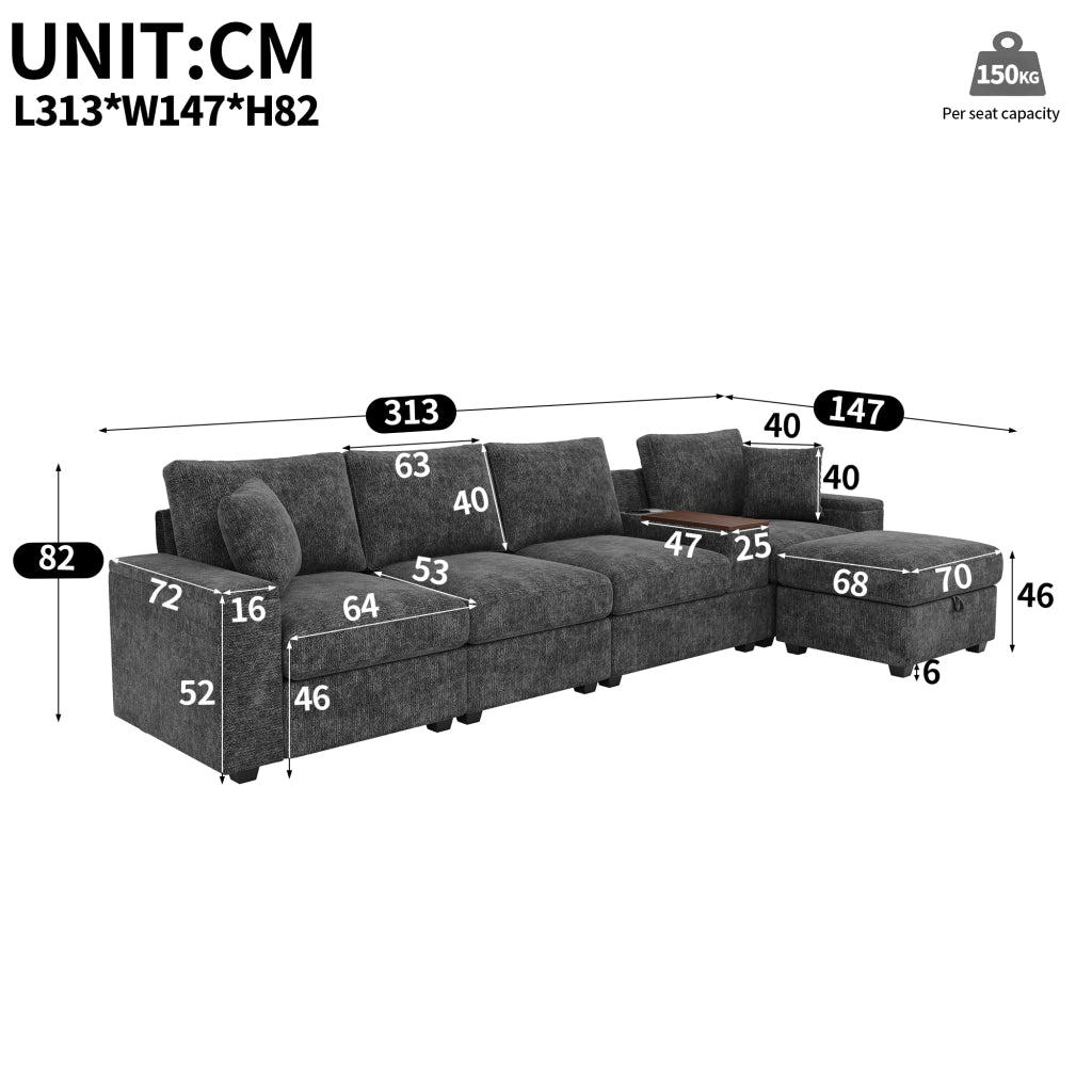 Divano modulare angolare in ciniglia grigia con chaise longue, pouf, porta bicchieri, USB/Type-C e tavolino girevole