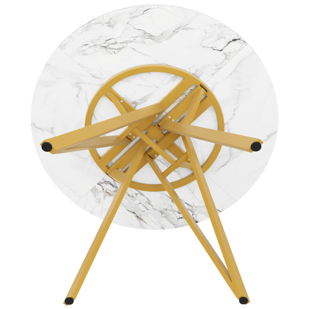 Tavolo da pranzo rotondo con piano in MDF effetto marmo e base in metallo, per sala da pranzo, oro 100 × 100 × 76 cm