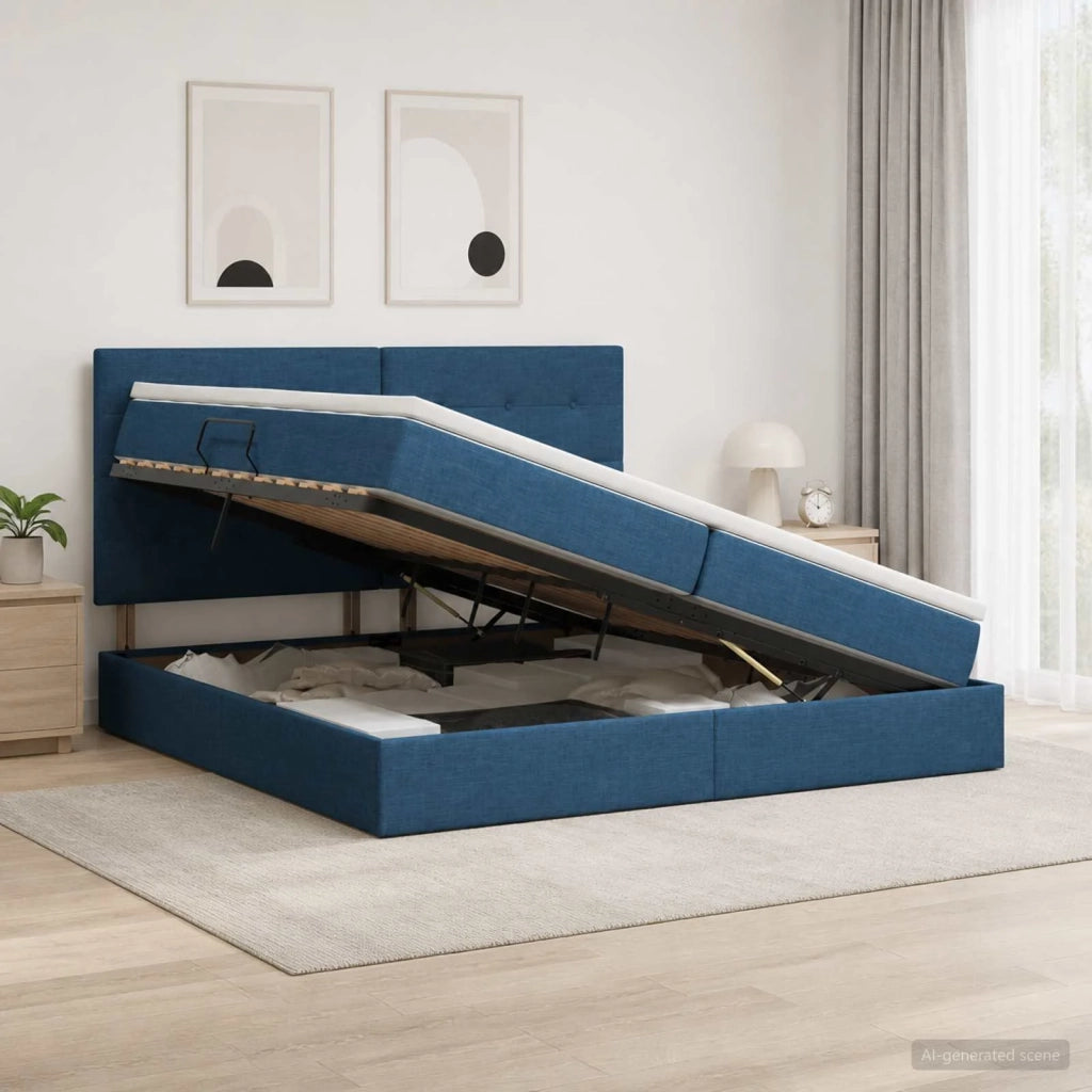 Letto con contenitore e materasso Blu 200 x 200 cm Tessuto 3459530