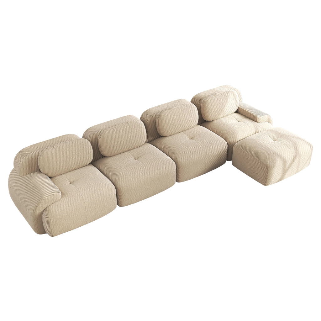 Divano angolare modulare 4 posti con braccioli curvi; senza montaggio; in velluto a coste; beige