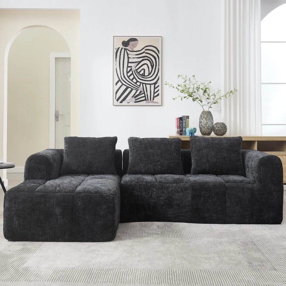 Divano angolare 3 posti con chaise longue e braccioli ¨C Minimal ¨C nero chenille con 3 cuscini e tasche laterali