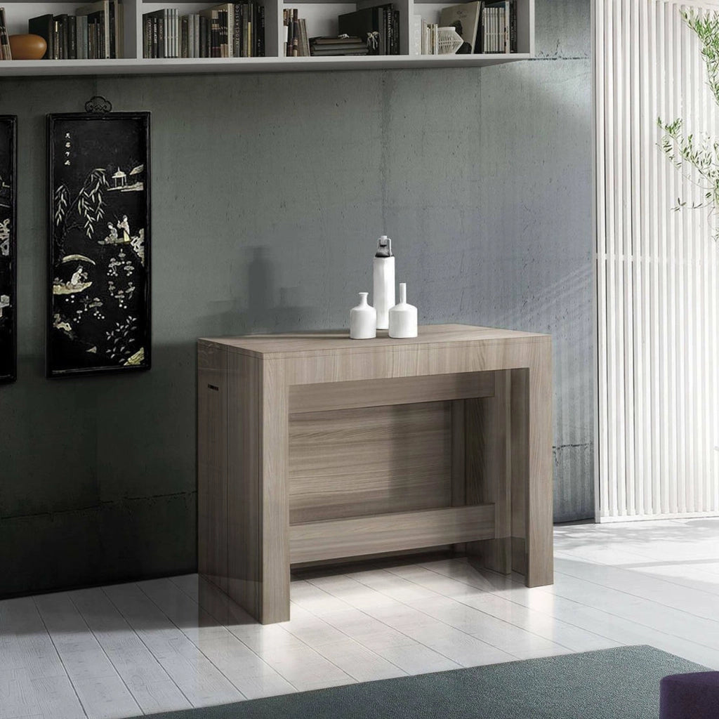 Tavolo da pranzo Anello, Made in Italy, Consolle allungabile fino a 12 posti, con portallunghe, cm 51/300x90h77 Olmo perla
