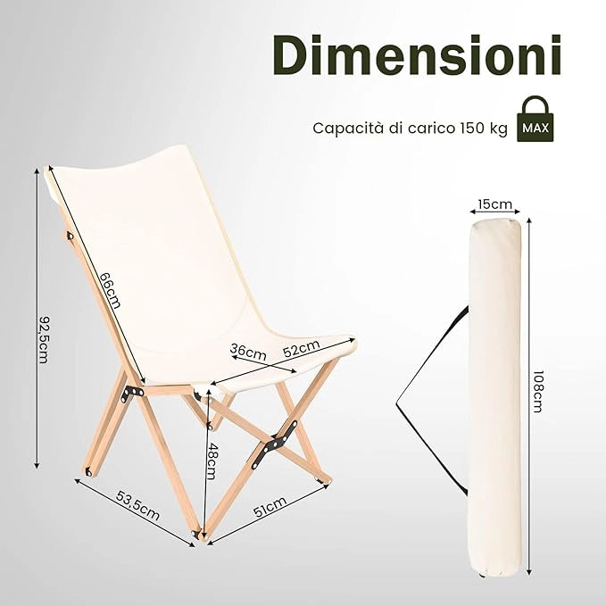 Set di 2 Sedie da Campeggio a Farfalla Pieghevole, con Borsa per il Trasporto, Sedia da Giardino in Bambù con Tasca Portaoggetti, Capacità di 150 KG, per Campeggio Pesca Picnic (Beige)