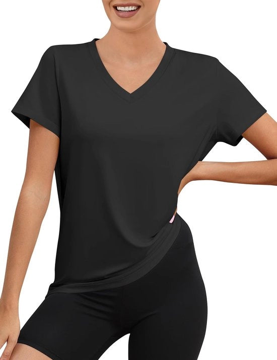 Maglietta Sport per Donne con V- Collo - Maniche Corte - Materiale Leggero - Protezione UV UPF 50+ - Magliette da Allenamento per Donne - Magliette da Palestra per Donne