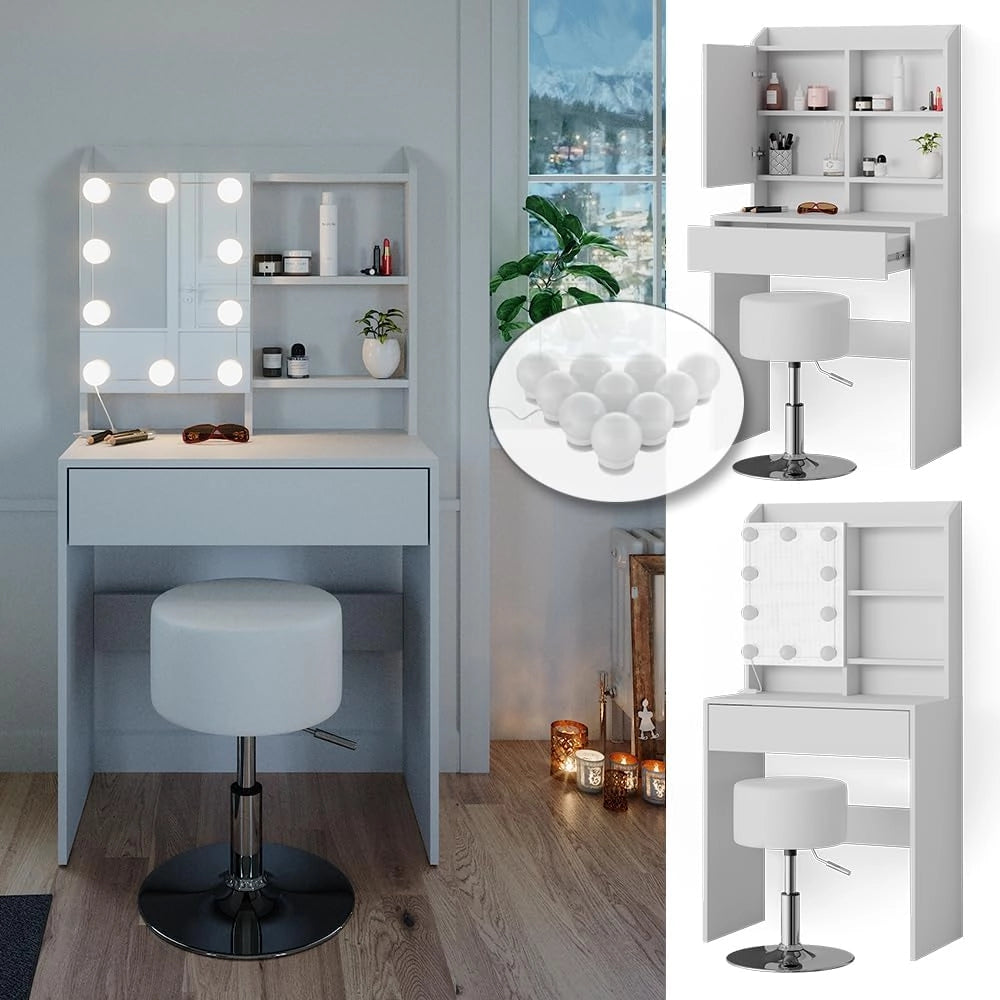 Tavolo da toeletta Laura, Bianco, 70 cm con illuminazione LED e sgabello, Luce integrata – non è necessaria una lampada da tavolo aggiuntiva