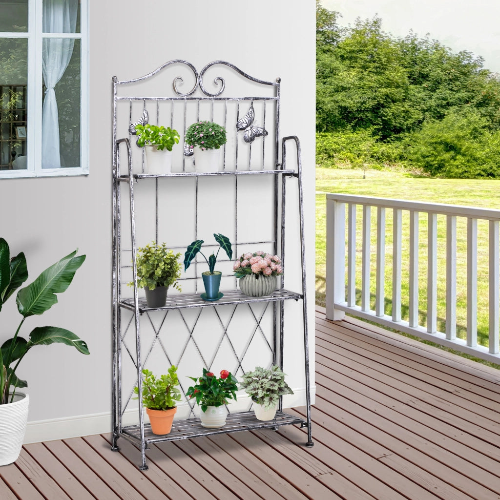 Scaffale Fioriera 3 Ripiani Pieghevole da Giardino Balcone Argento