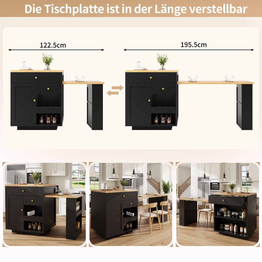 MOBILE ISOLA CUCINA ESTENSIBILE 122,5-195,5 cm Nero MDF