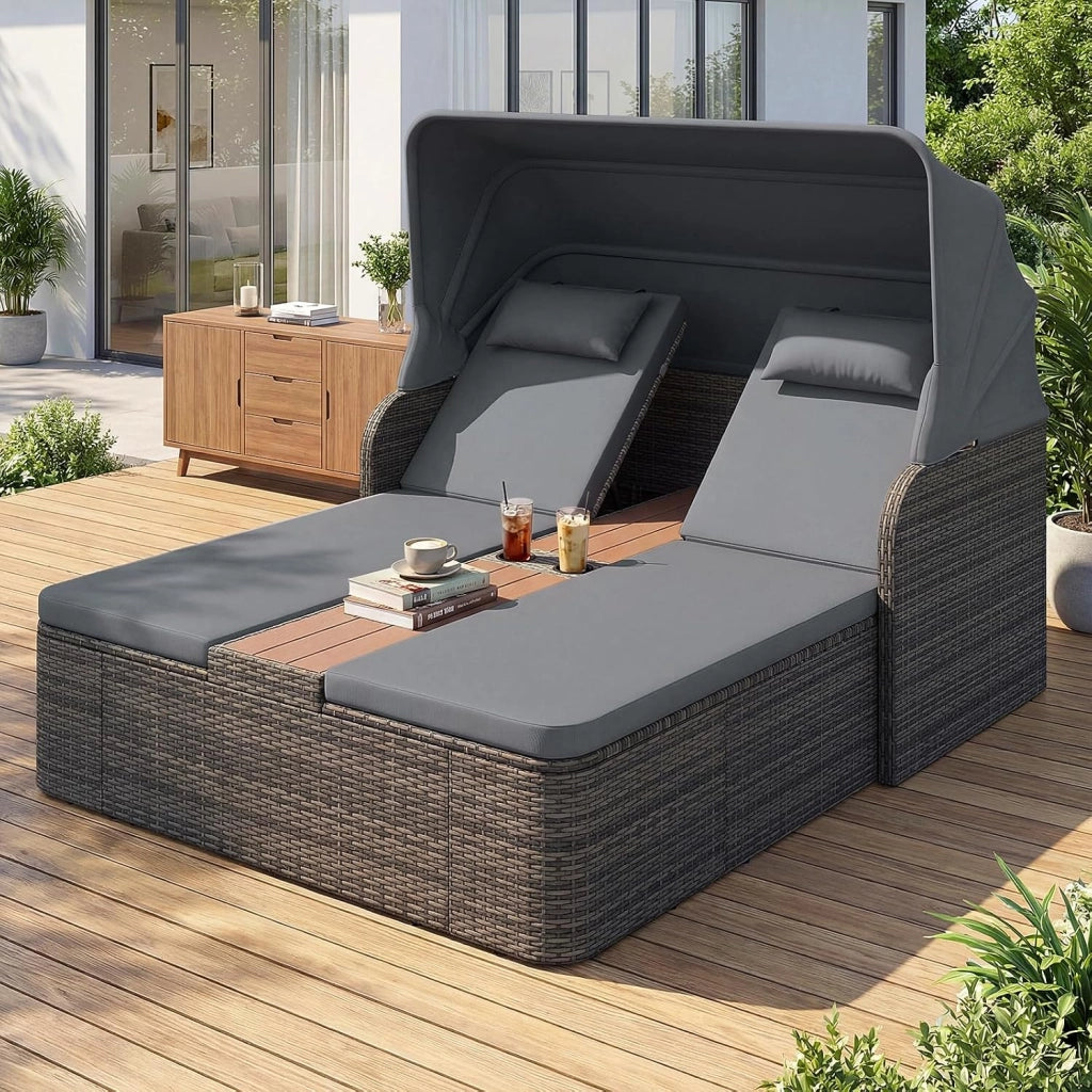 Letto Prendisole Matrimoniale per 2 Persone, Lettino da Giardino in Rattan con Tetto Retrattile e Schienali Regolabili, Isola Prendisole con Tavolino e Portabicchieri per Relax (Grigio)