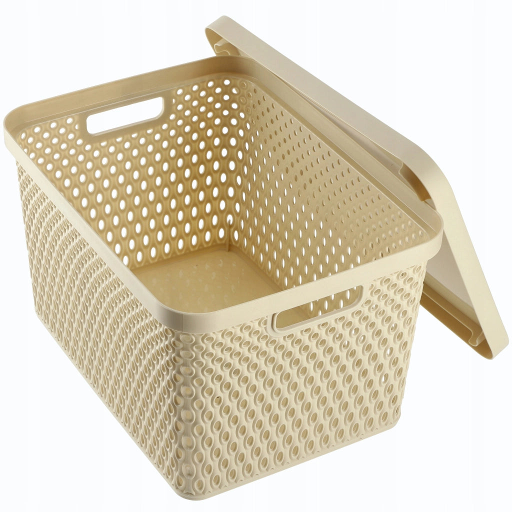 Set di 3 cestini in plastica beige KADAX con coperchio.