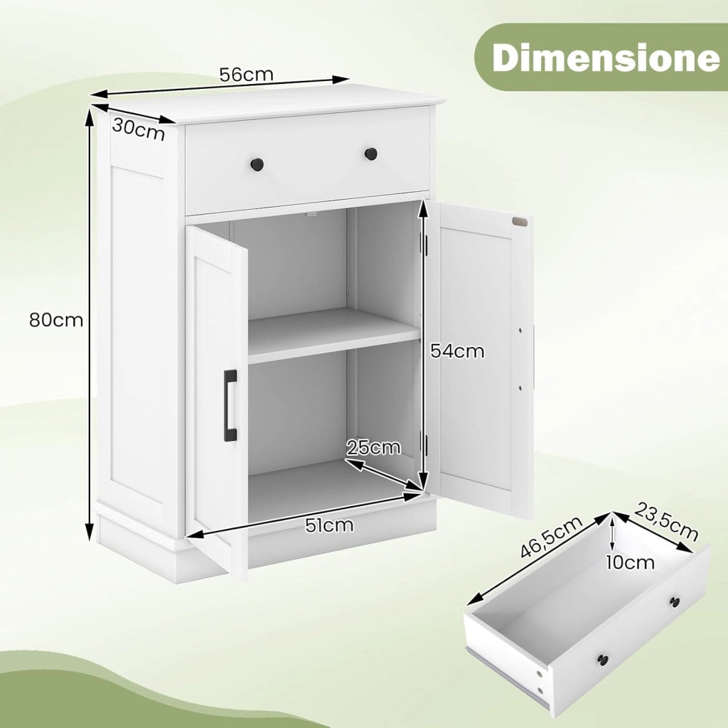 Armadietto da Terra 56 x 30 x 80 cm, Mobile da Bagno con Ante, Cassetto e Ripiano Regolabile, Mobiletto Salvaspazio per Soggiorno, Cucina e Sala da Pranzo (Bianco)