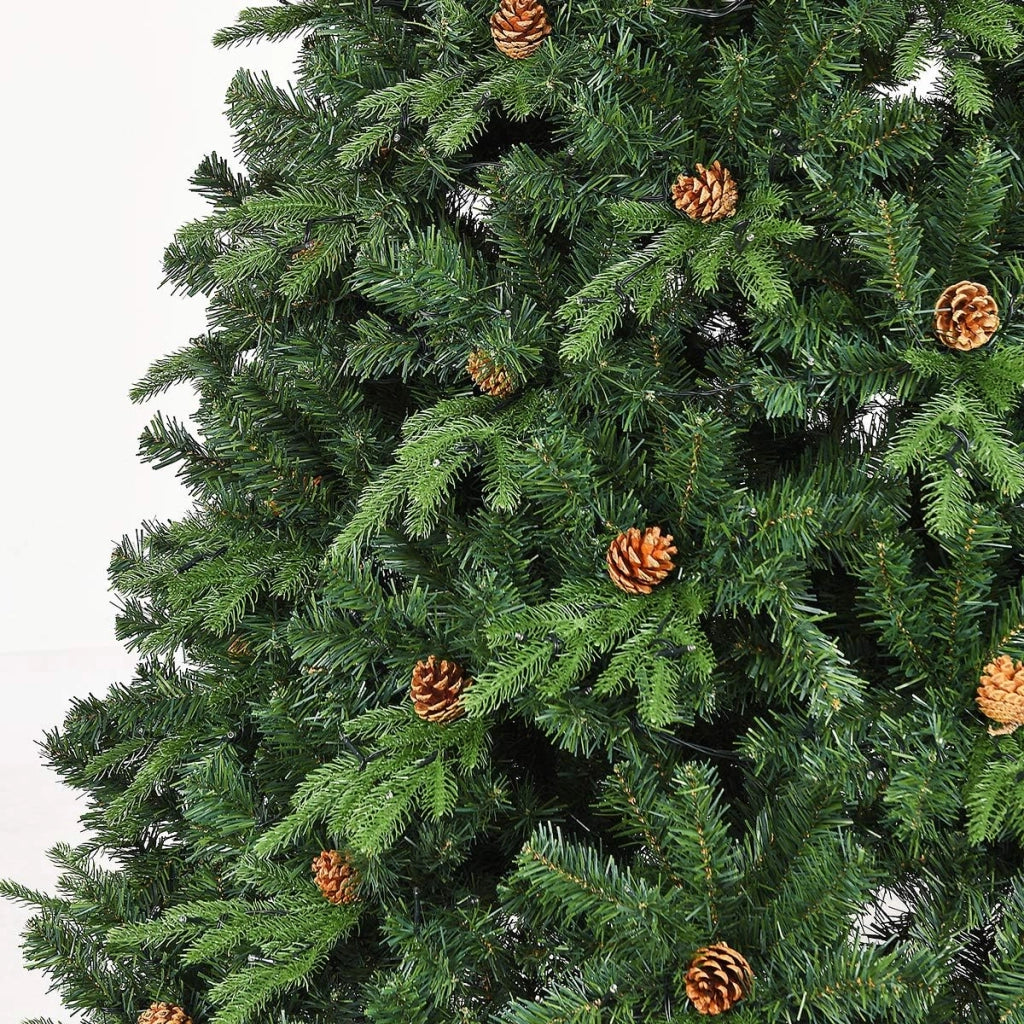 Albero di Natale artificiale, albero di Natale con LED bianco caldo, albero di Natale con supporto in ferro e adattatore, rami densi, albero di Natale con pigne, abete sintetico verde