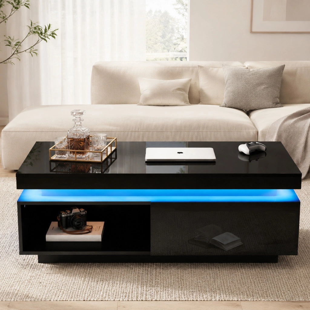 Tavolino da caffè moderno lucido con LED e cassetto; 100x50x40;3 cm; nero