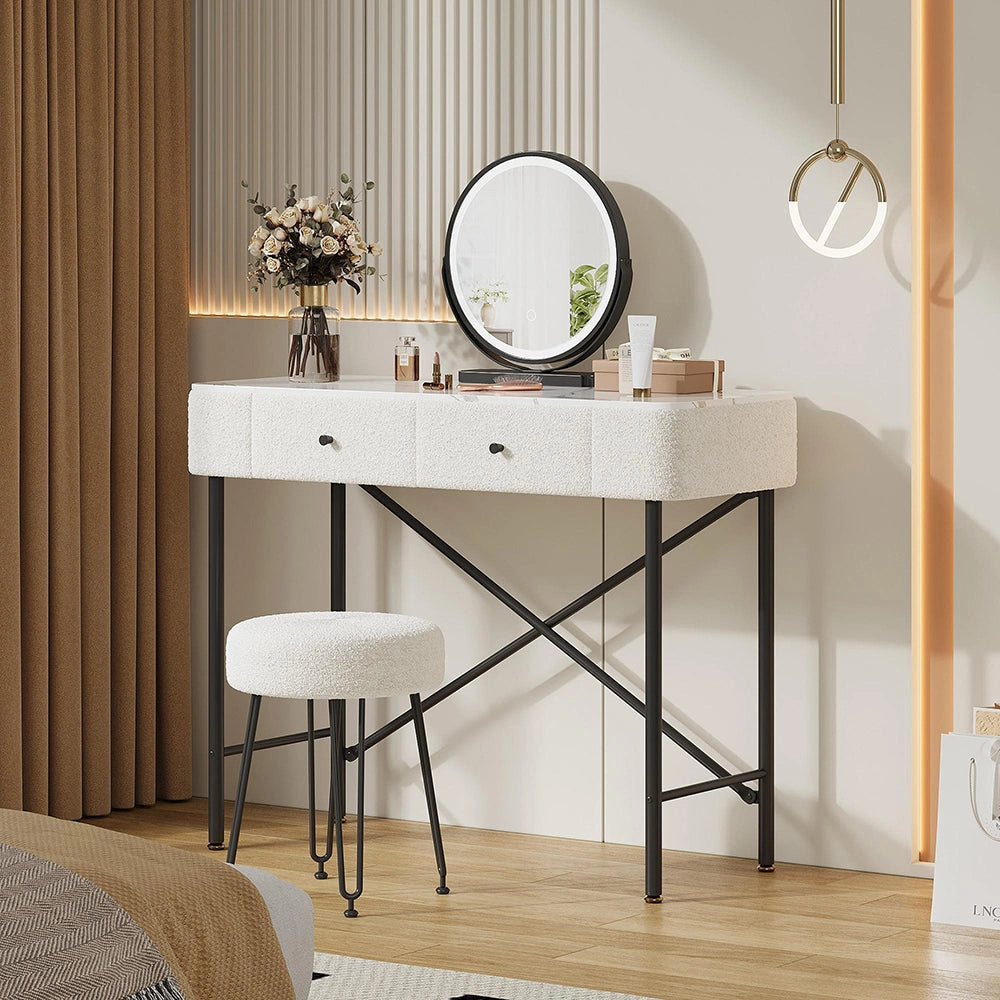 Toilette con illuminazione e sgabello - Xylo - Specchio LED, 2 cassetti, piano marmo, moderno, decor polare, nero e bianco, 100x40x120cm