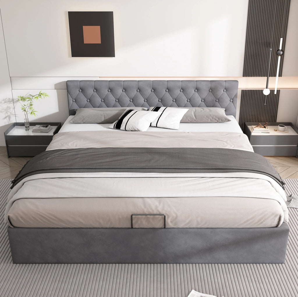 Letto imbottito in velluto con contenitore idraulico; per materasso 180x200 cm; grigio