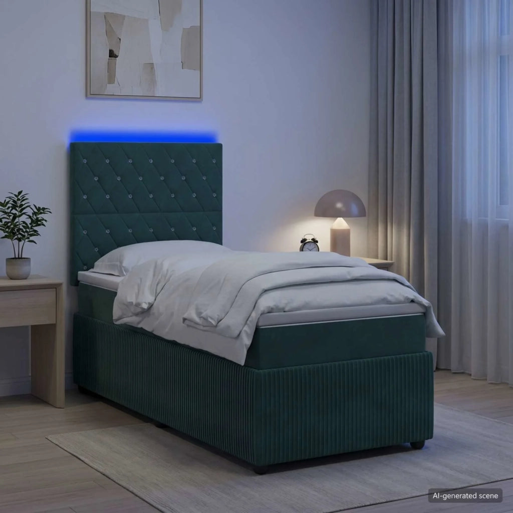 Letto Box Spring LED con Materasso Verde Scuro 90 x 200 cm 3455990