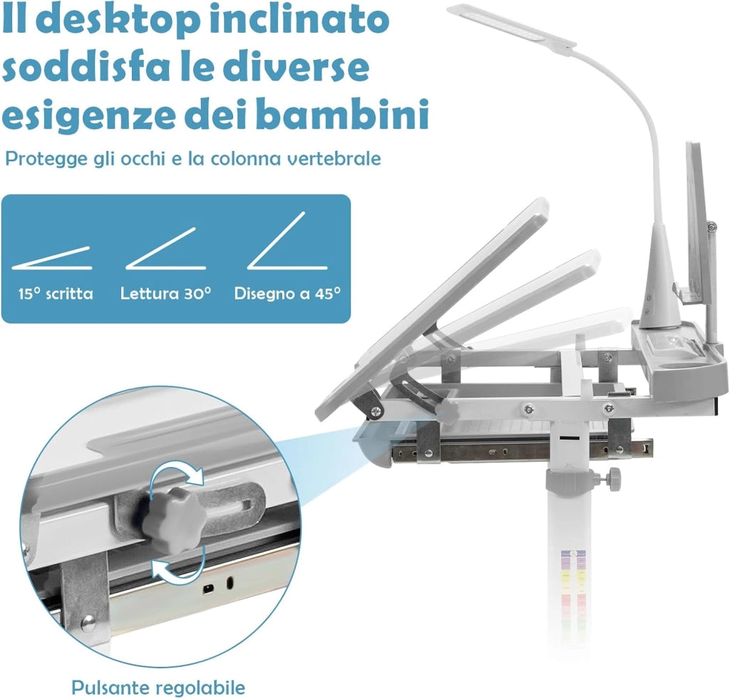 Set Scrivania e Sedia per Bambini, Tavolo Regolabile in Altezza con Piano Inclinabile 45° e Luce LED 3 Modalità, Tavolo e Sedia Ergonomica in Materiali Sicuri per 4+ Anni (Grigio)