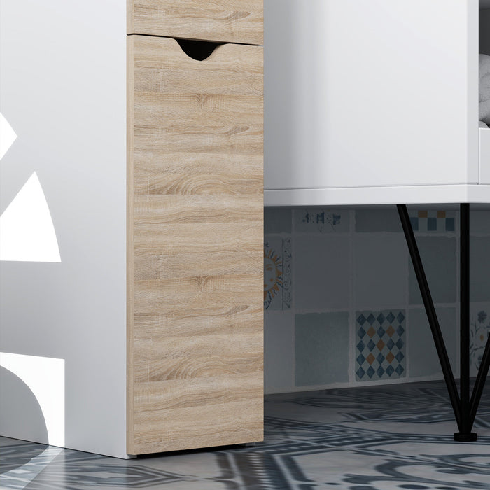 Mobile Colonna Bagno Salvaspazio  15x33x136 cm con Armadietto e Ripiani Legno e Bianco