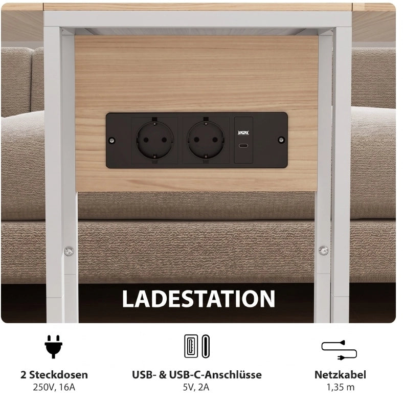 Tavolino a C pieghevole con ricarica USB, bianco e legno