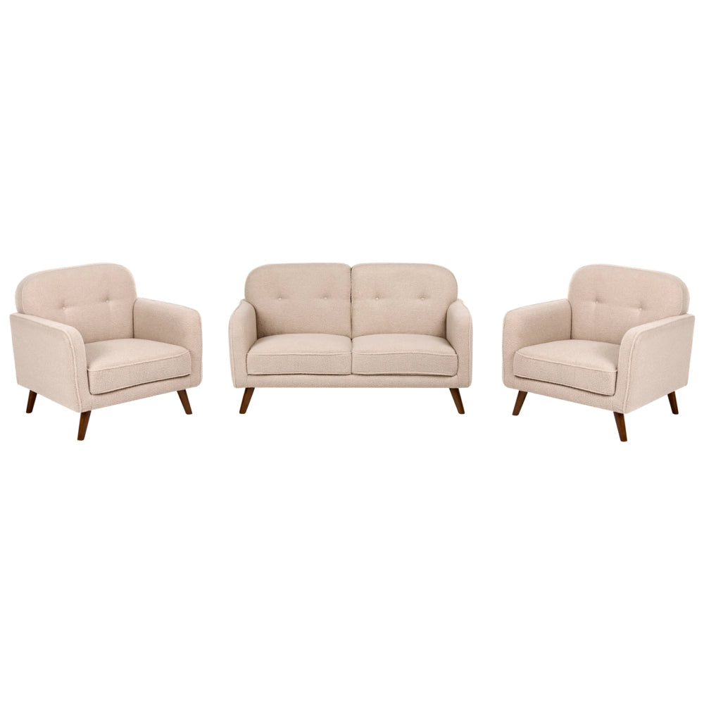 Set da Soggiorno Beige in Bouclé con Divano e Poltrone a 4 Posti con Trapuntatura a Bottoni Gambe in Legno di Rovere Divanetto