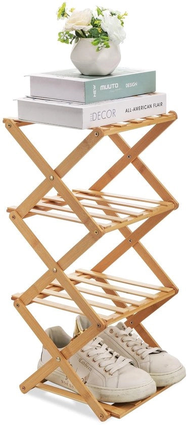 Raccoglitore di Scarpe 4 Livelli - Ripiegabile in Bambù - Riduzione dello Spazio - Formato Compattibile - Per Stivali/Sneaker/Pantofole - Dimensioni 26 x 30 x 56 cm - Raccoglitore di Scarpe