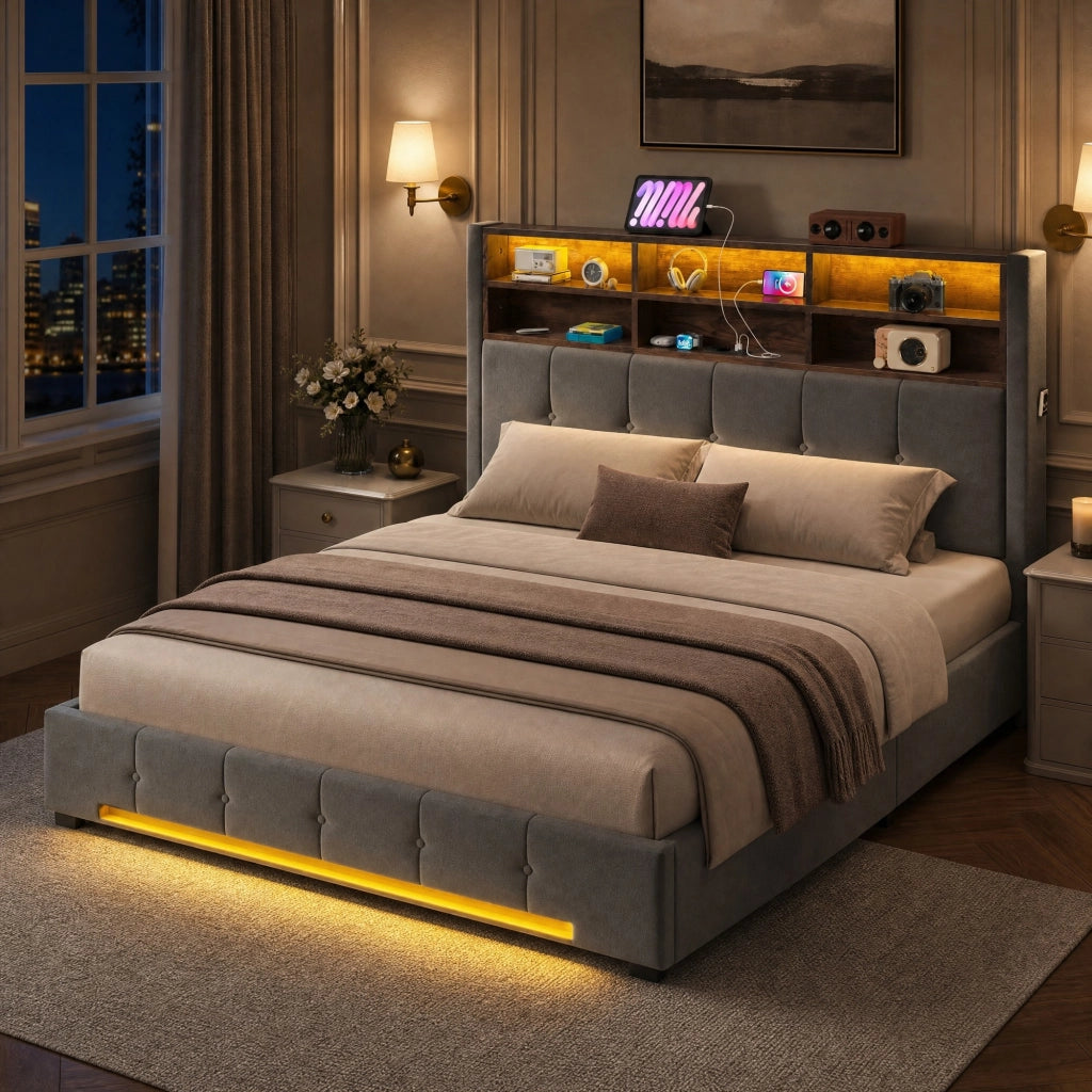 Letto contenitore 160x200 cm in velluto grigio scuro con LED e USB-C