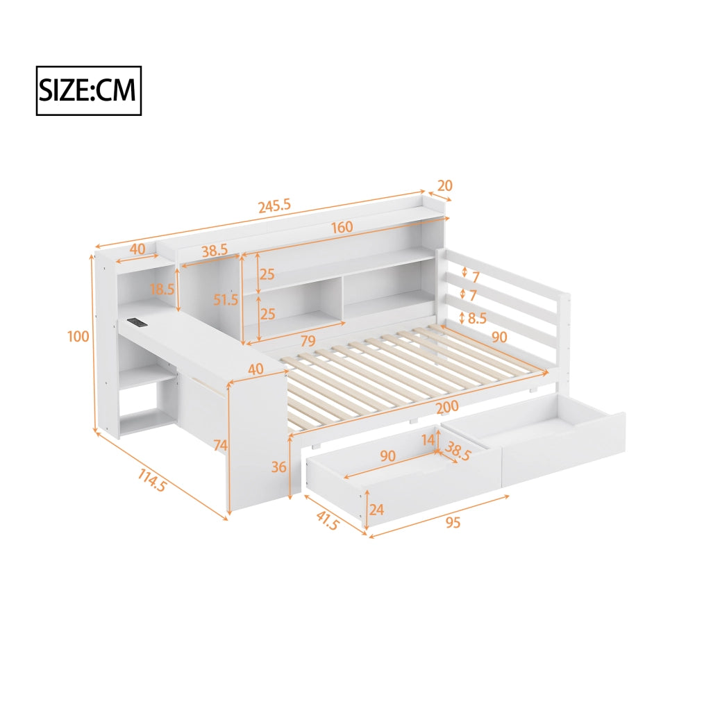 DIVANO LETTO multifunzionale 90x200 cm in legno bianco con scrivania e scaffali