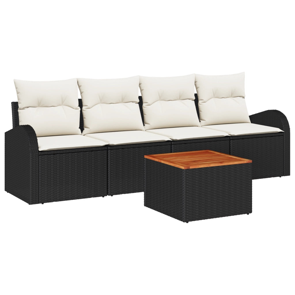 Set divano da giardino di 5 pezzi con cuscini in polyrattan nero e acacia