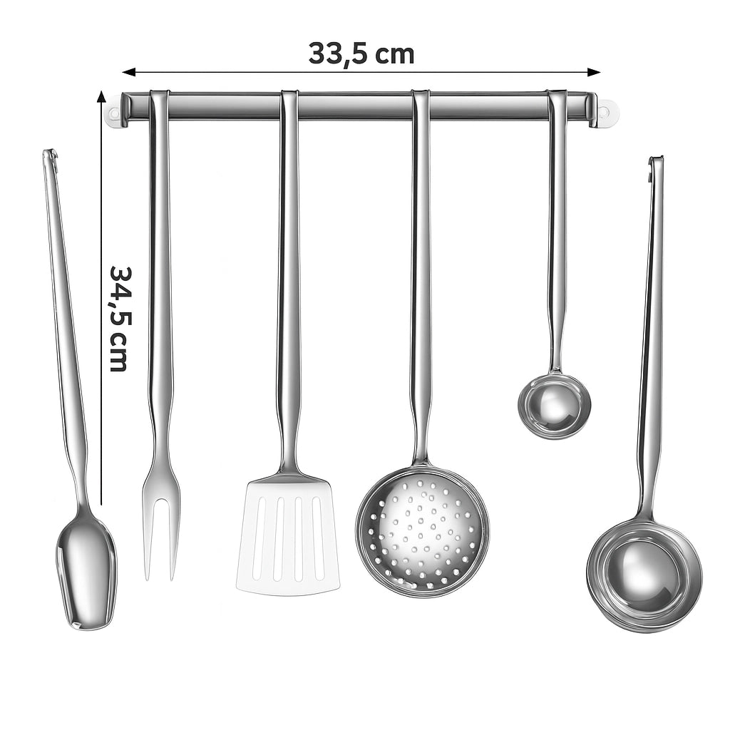 Set Mestoli Cucina Acciaio Inox 6 Pezzi con Barra da Parete – Made in Italy – Lavabili in Lavastoviglie