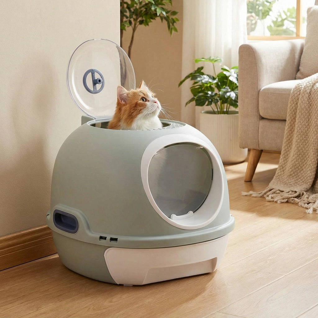 Lettiera per gatti con coperchio stile elicottero  frontale uscita ribalta-Toilette per gattini cassetto portatile piccoli medi fino a 10 kg Blu