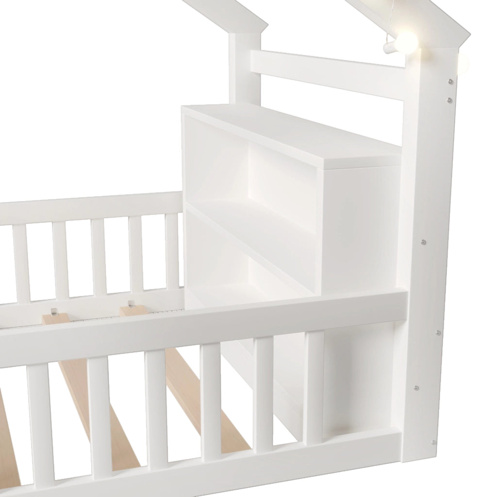 Letto singolo 90×190 cm con sponde; ripiani e luci LED; senza materasso; bianco