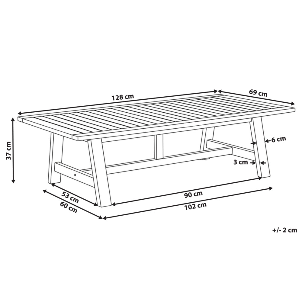 Tavolino da giardino in legno di acacia chiaro 128 x 69 cm, per esterni, design rustico, per terrazza o balcone