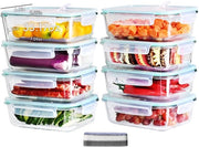 Scatole per pasti - 8 x 1040 ml contenitori alimentari | Bicchiere in vetro con coperchio in vetro di borosilicato | Resistente a magnetron e congelatore (-40°C~560°C) | 4 punte e marchio LFGB/FDA