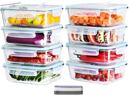 Scatole per pasti - 8 x 1040 ml contenitori alimentari | Bicchiere in vetro con coperchio in vetro di borosilicato | Resistente a magnetron e congelatore (-40°C~560°C) | 4 punte e marchio LFGB/FDA