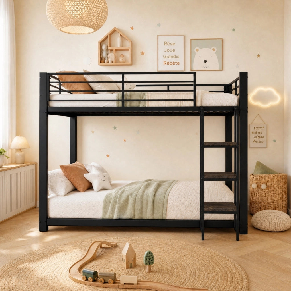 Letto a castello in metallo e MDF con scale in legno; 140x200 cm; nero