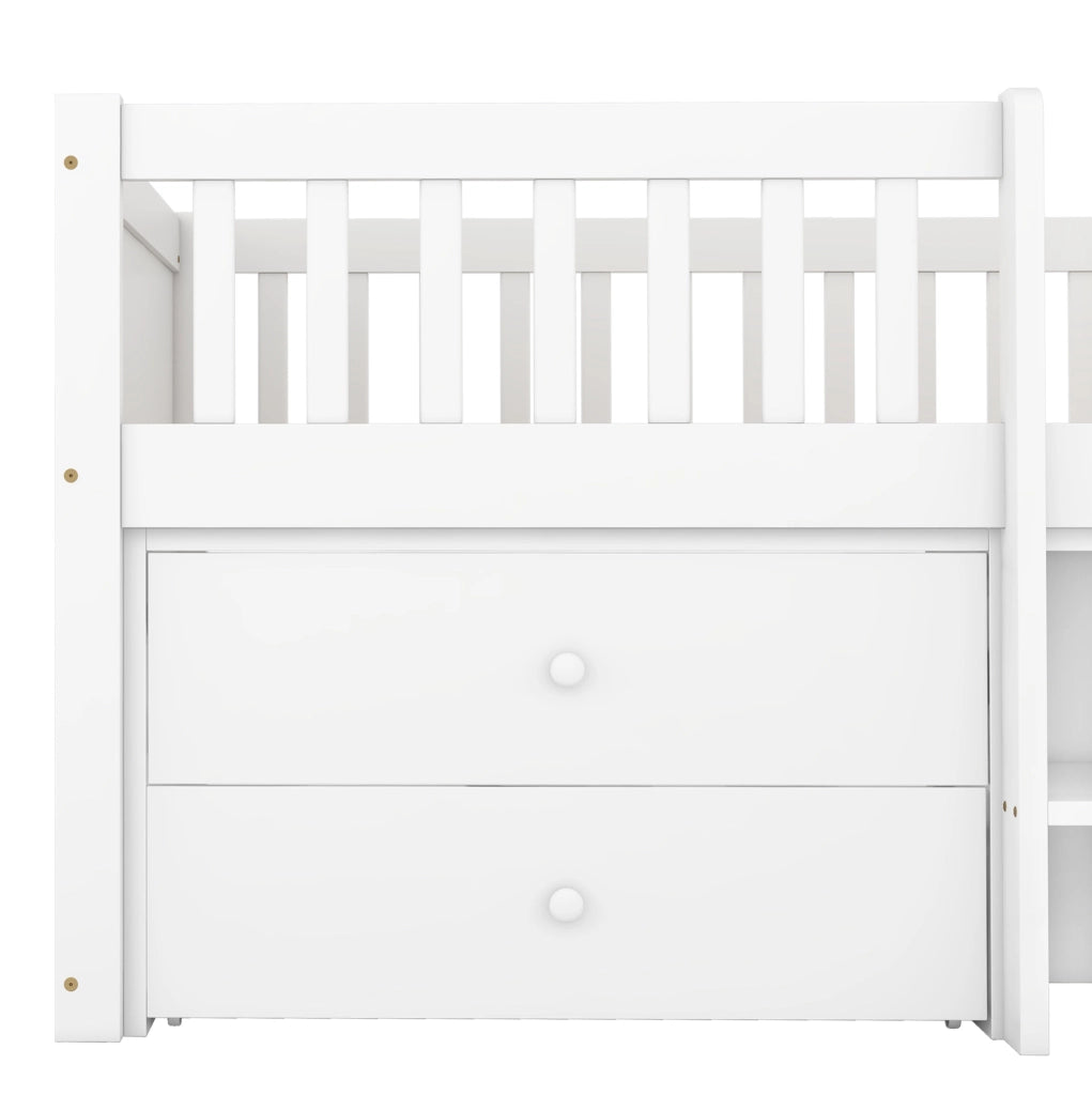 Letto a soppalco 90x200 cm con 4 cassetti; sponde di sicurezza e scala; bianco