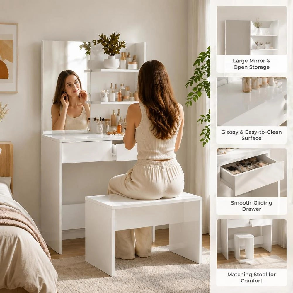 Dressing Table With Mirror, High-gloss White, 74.5x40x141 Cm