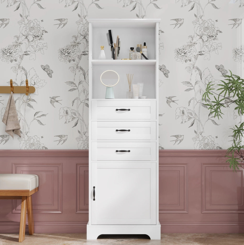 Mobile da bagno in MDF bianco con cassetti e vani aperti