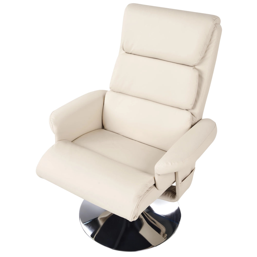 Poltrona reclinabile beige chiaro con poggiapiedi struttura in metallo imbottita in ecopelle funzione massaggio riscaldata design retrò