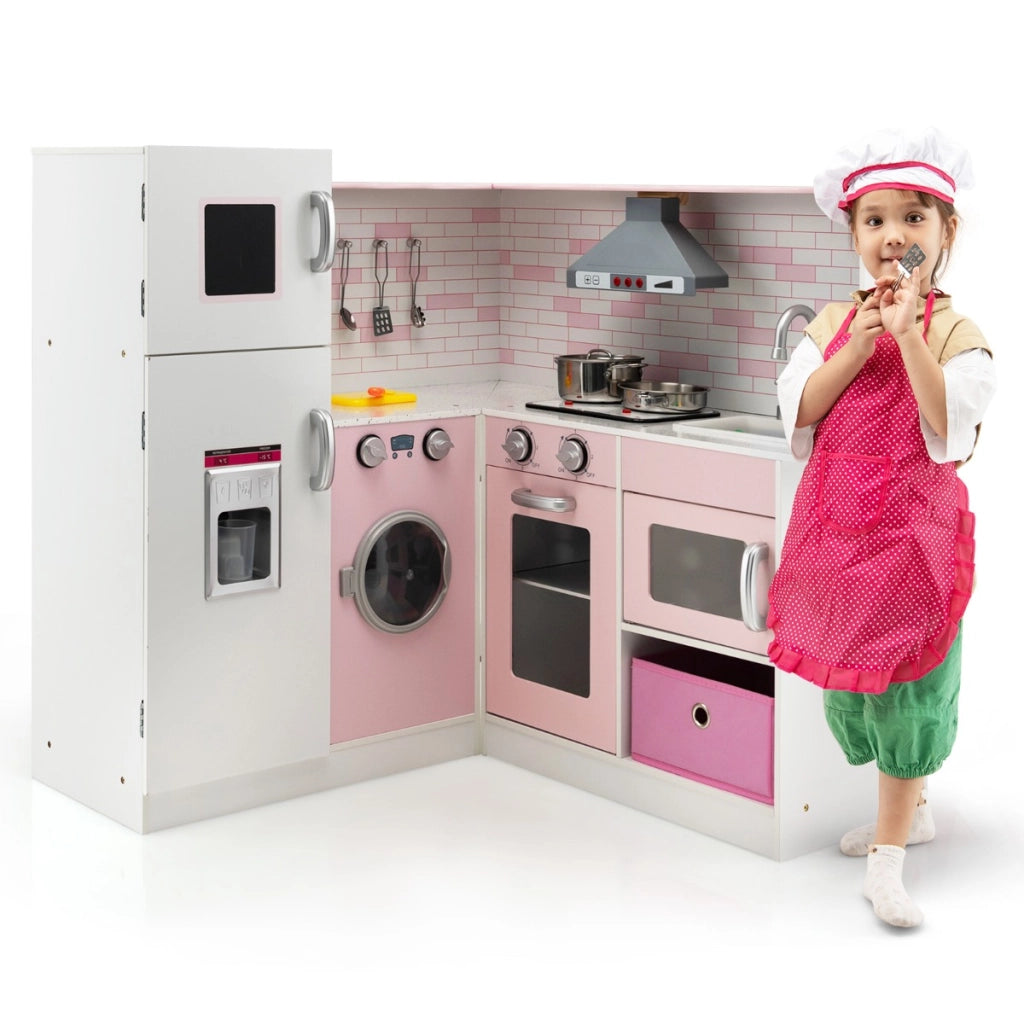 Cucina giocattolo ad angolo in legno per bambini, Mini cucina giocattolo con luci e suoni interattivi Rosa-Cucine giocattoli