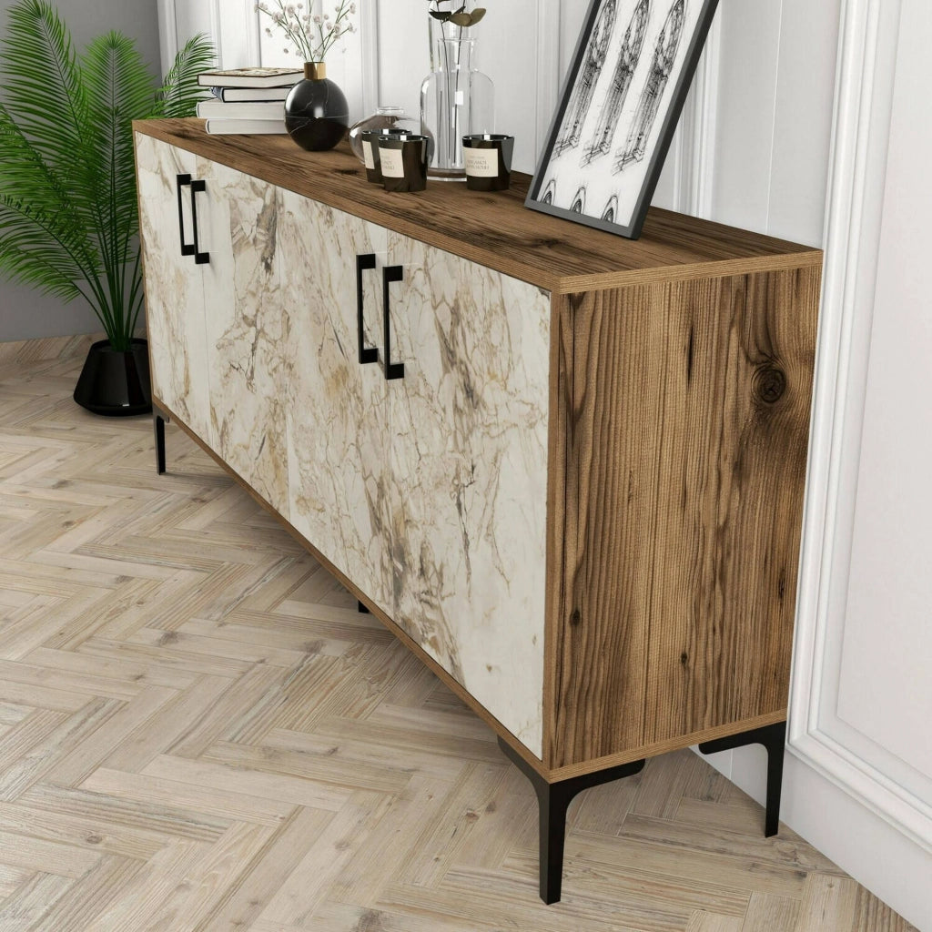 Credenza Agape, Buffet da soggiorno, Madia da salotto, Dispensa da cucina, 180x35h78 cm, Noce e Bianco Marmo