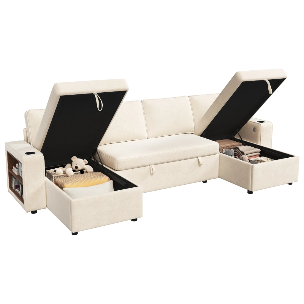 Divano Angolare con Funzione Letto ¨C MINIMAL ¨C Beige, Chaise Longue, Contenitore, USB