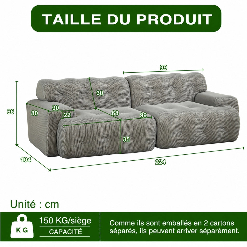 Divano a 2 posti con braccioli ampi, cuciture trapuntate, design moderno in tessuto grigio 224 × 104 × 66 cm