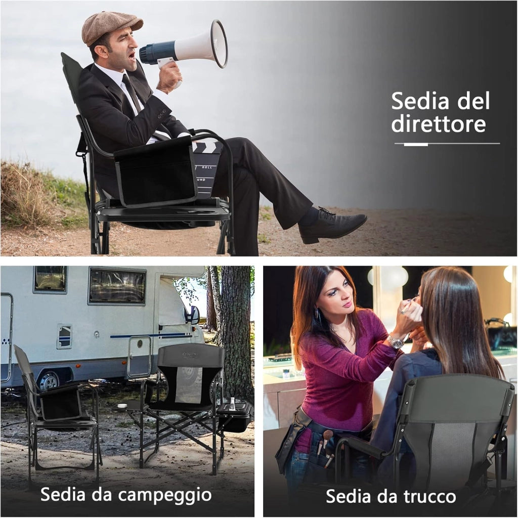 Sedia da Campeggio Pieghevole, Sedia da Regista Robusta con Tavolino, Borsa Frigo, Borsa Portaoggetti e Cinghia, Portata 180 kg, per Campeggio Escursione Pesca Picnic (Nero)