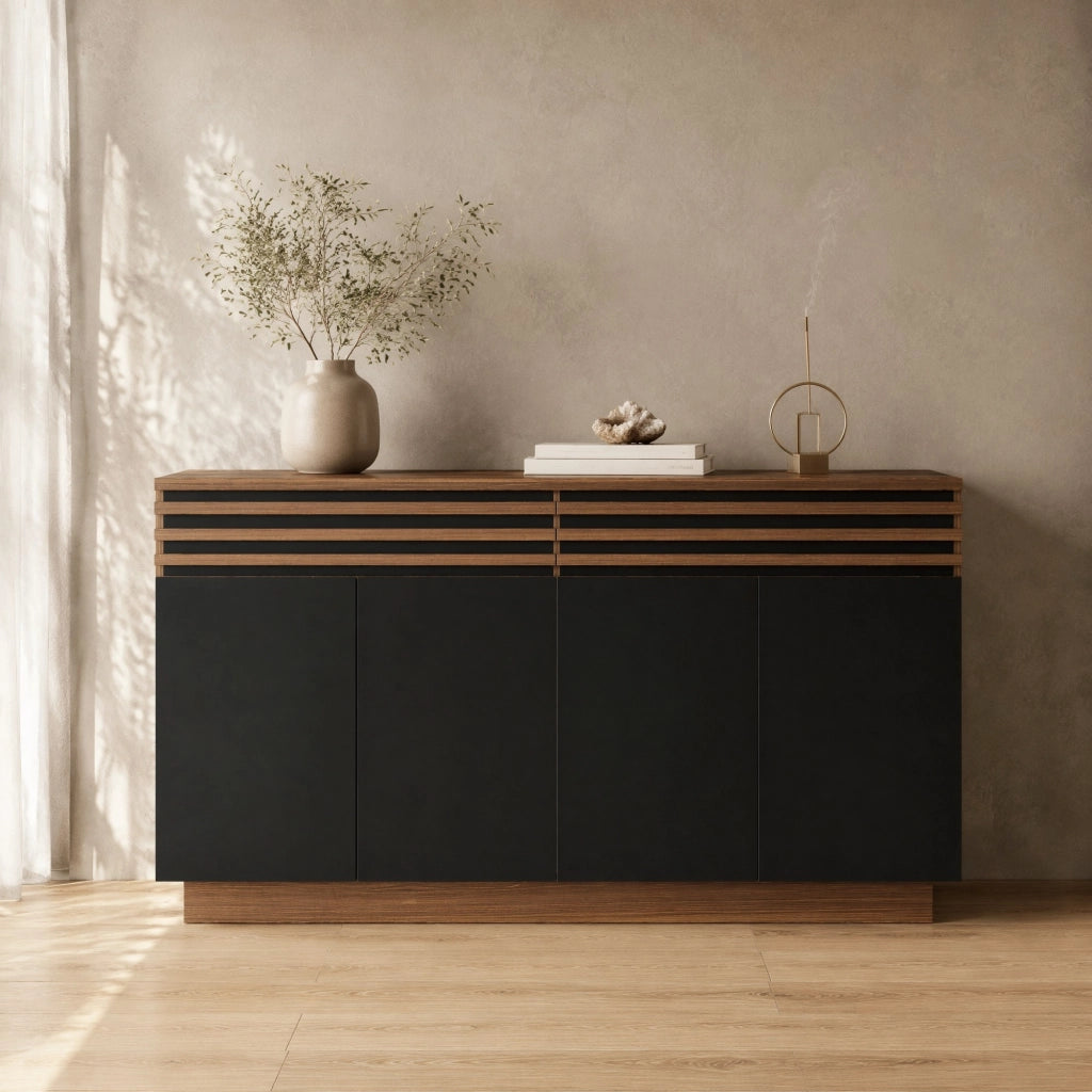 Credenza moderna in MDF 150 x 40 x 85 cm; effetto legno marrone e ante nere
